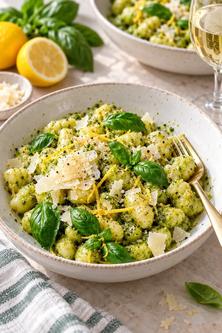 Gnocchi mit Basilikumpesto, Zitrone und Parmesan auf einem Teller angerichtet