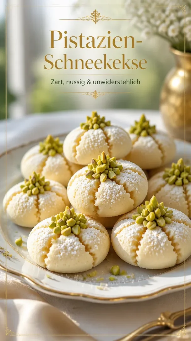 Hausgemachte Pistazien-Hochzeitskekse auf einem festlichen Tisch