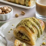 Hausgemachte Pistaziencreme-Croissants aus Blätterteig auf einem Teller