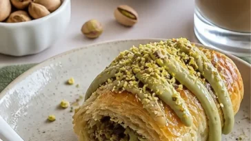 Hausgemachte Pistaziencreme-Croissants aus Blätterteig auf einem Teller