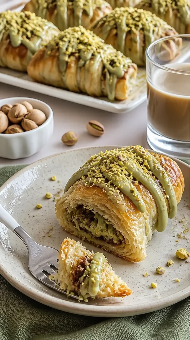 Hausgemachte Pistaziencreme-Croissants aus Blätterteig auf einem Teller