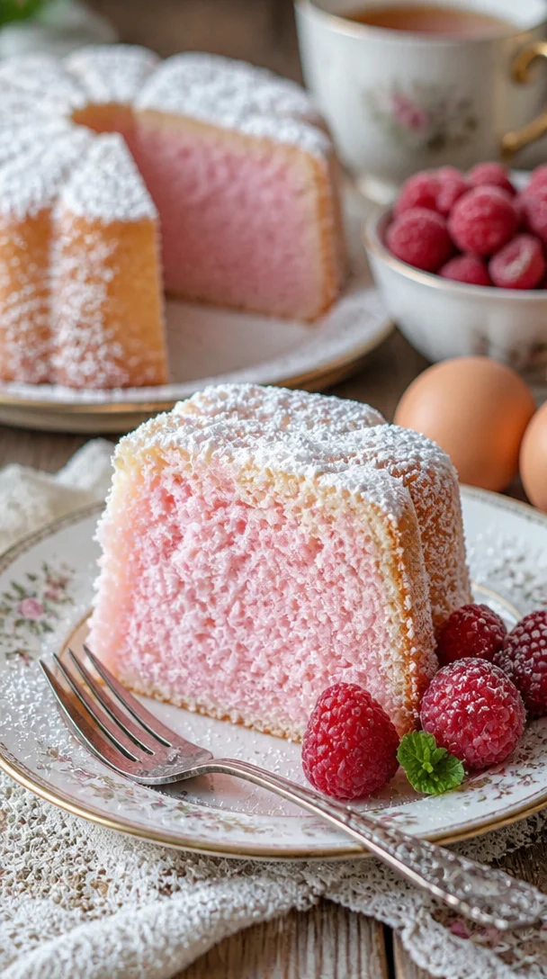 Himbeer-Engelshaarkuchen mit frischen Himbeeren auf einem Teller