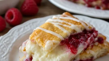 Himbeer-Frischkäse-Teigwaren mit frischen Himbeeren und cremigem Frischkäse dekoriert