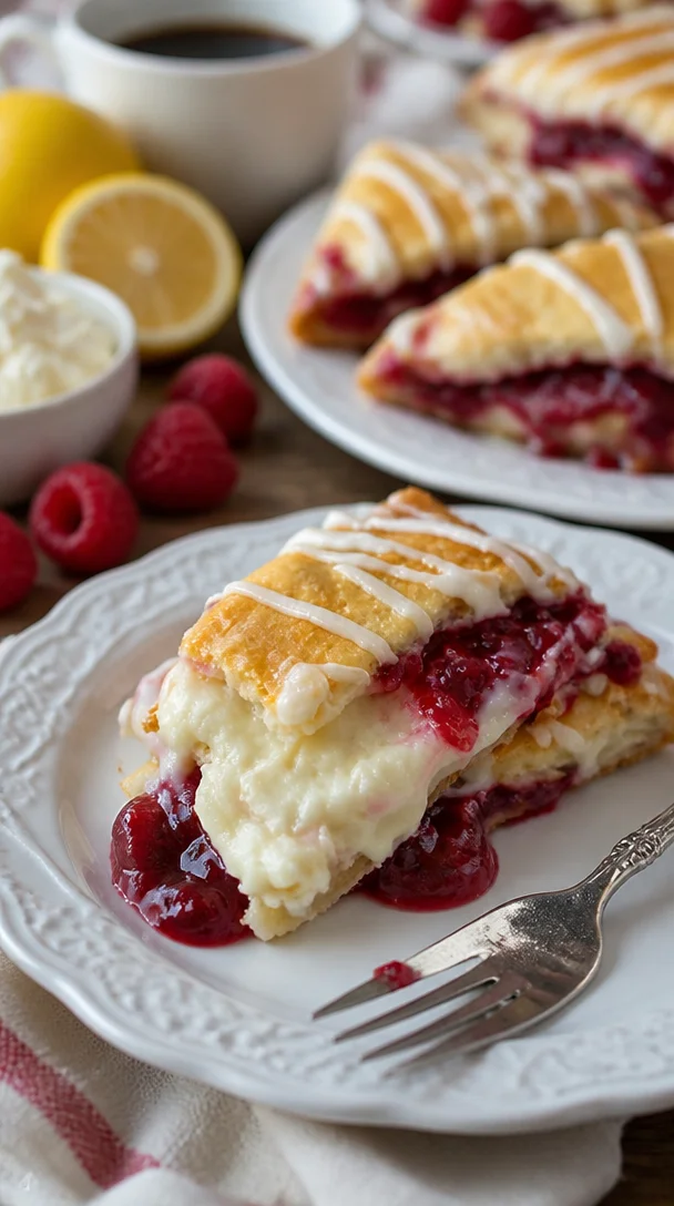 Himbeer-Frischkäse-Teigwaren mit frischen Himbeeren und cremigem Frischkäse dekoriert
