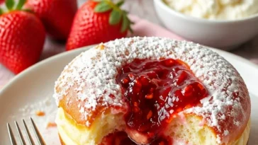 Himbeer-Käsekuchen-Donuts mit frischen Himbeeren und Käsekuchen-Geschmack