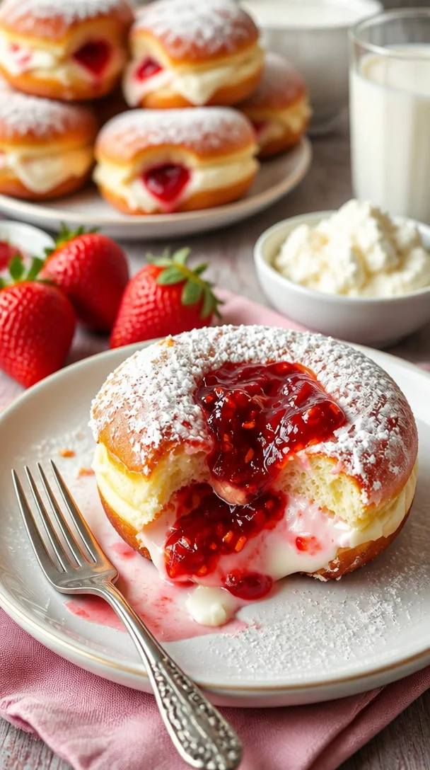Himbeer-Käsekuchen-Donuts mit frischen Himbeeren und Käsekuchen-Geschmack