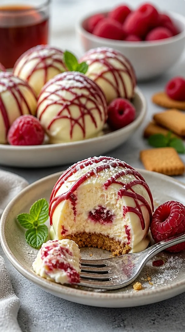 Himbeer-Käsekuchen-Trüffel mit cremiger Füllung und frischen Himbeeren