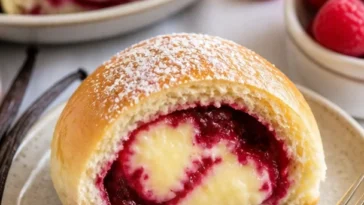 Himbeer-Pudding-Brötchen auf einem Teller, frisch gebacken und attraktiv angerichtet.