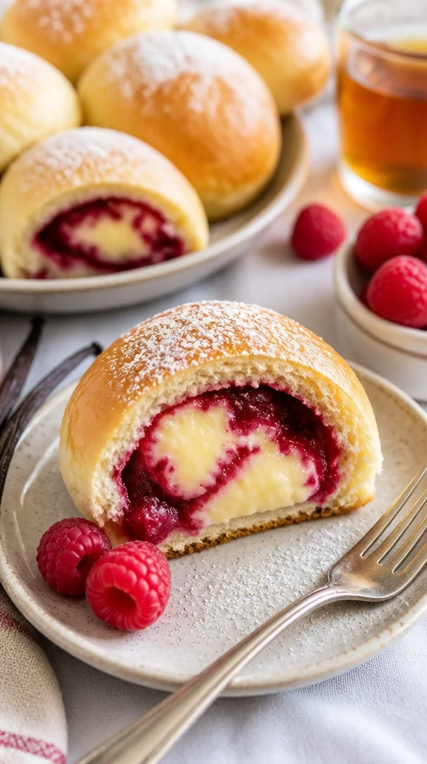 Himbeer-Pudding-Brötchen auf einem Teller, frisch gebacken und attraktiv angerichtet.