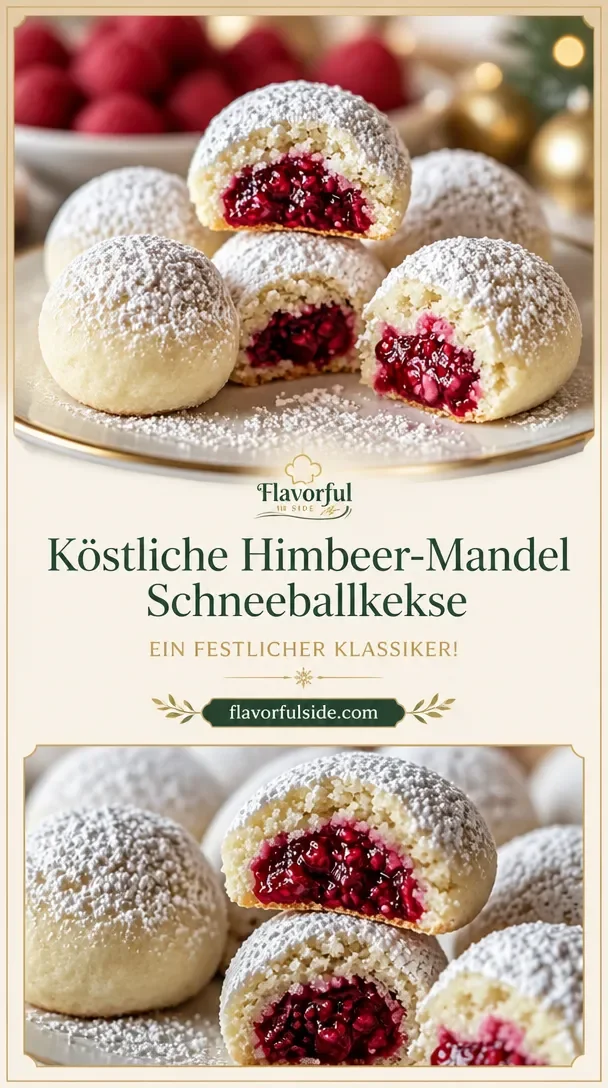 Himbeergefüllte Mandel-Schneeballkekse mit frischen Himbeeren
