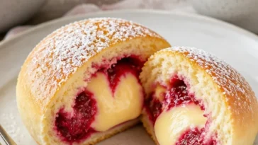 Himbeerpuddingbrötchen frisch aus dem Ofen, dekorativ angerichtet