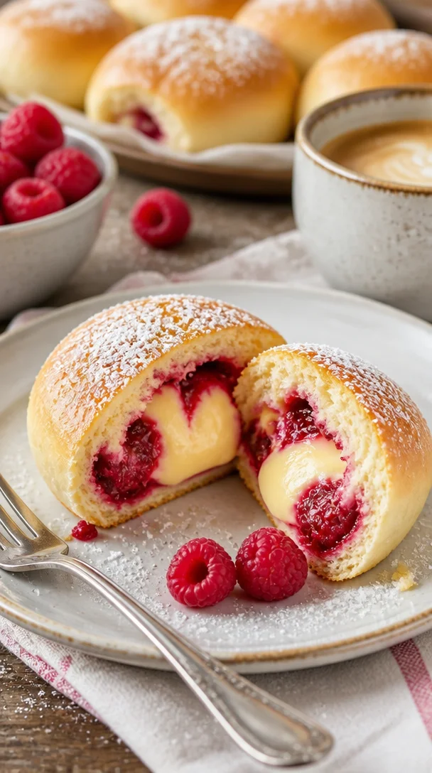 Himbeerpuddingbrötchen frisch aus dem Ofen, dekorativ angerichtet