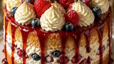 Himmlische Beeren-Trifle-Torte mit frischen Beeren und cremigen Schichten