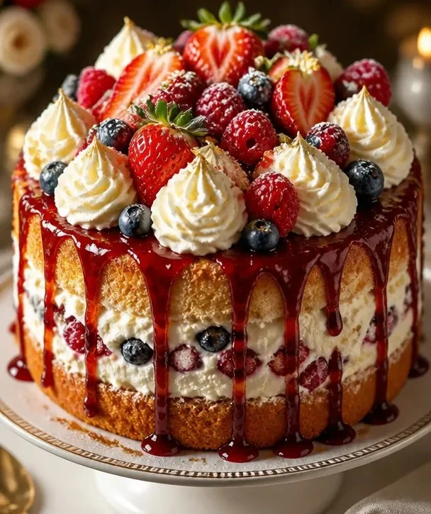 Himmlische Beeren-Trifle-Torte mit frischen Beeren und cremigen Schichten