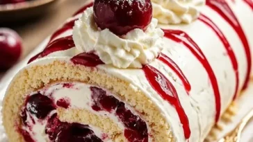 Himmlischer Kirsch-Cheesecake-Rollkuchen mit frischen Kirschen und Käsekuchenfüllung
