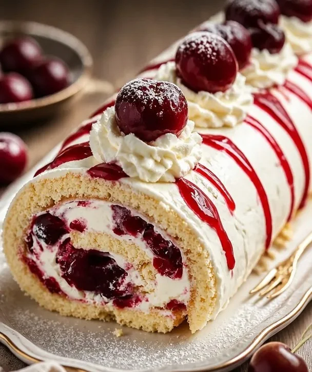 Himmlischer Kirsch-Cheesecake-Rollkuchen mit frischen Kirschen und Käsekuchenfüllung