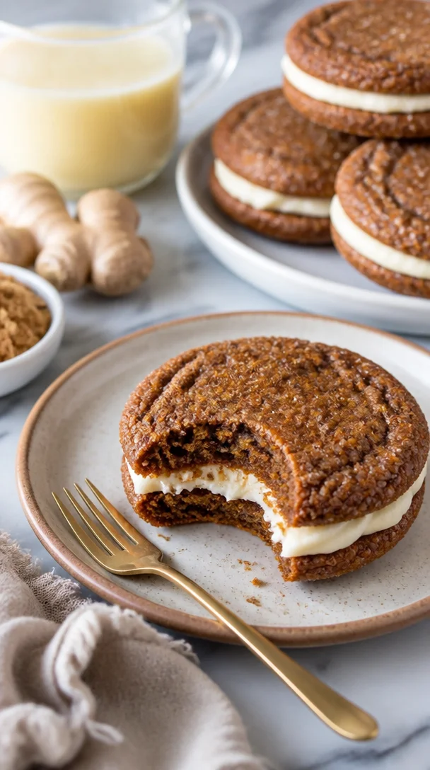 Ingwer-Melasse-Sandwichkekse mit Eierlikör-Frosting auf einem Teller