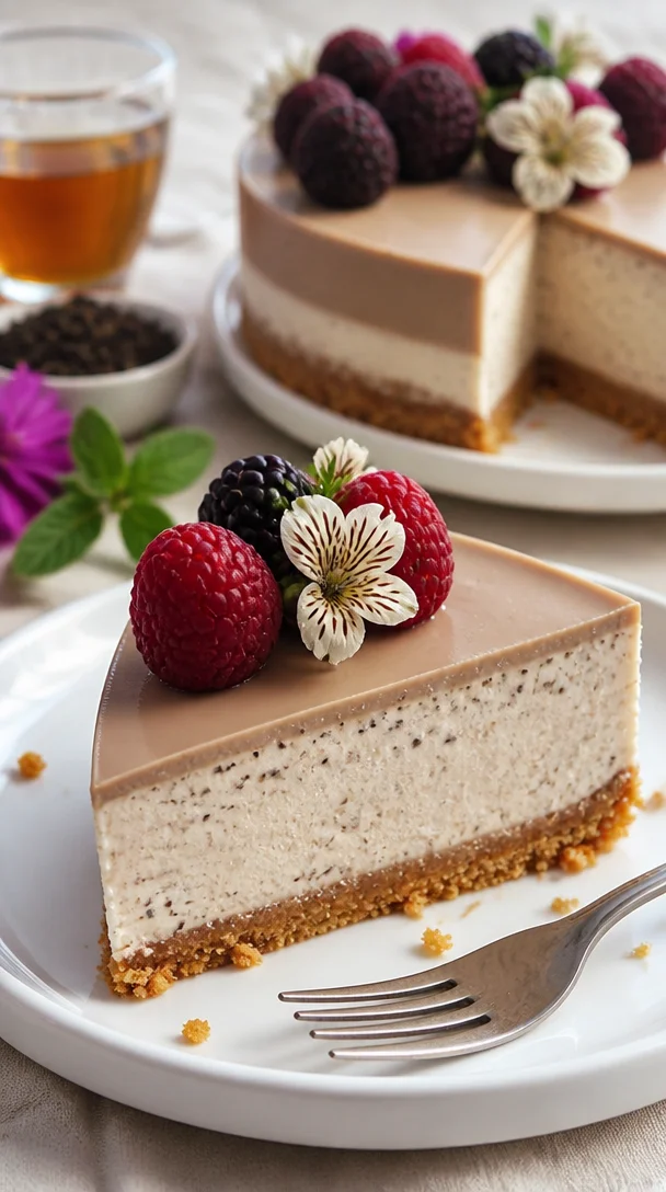 Unwiderstehlicher Earl Grey Mousse Cheesecake mit eleganter Präsentation