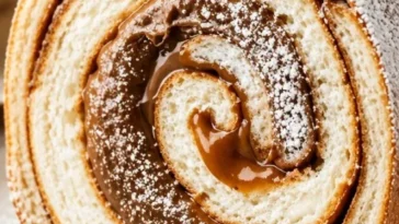 Karamell-Schokoladen-Creme-Roll auf einem Teller dekoriert