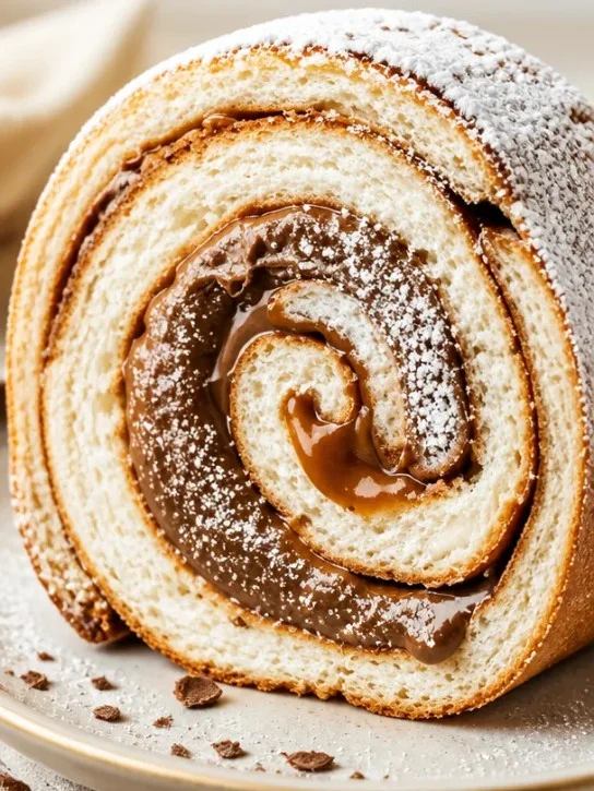 Karamell-Schokoladen-Creme-Roll auf einem Teller dekoriert