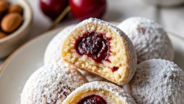 Leckere Kirsch-Schneeball-Kekse mit frischen Kirschen und glutenfreien Zutaten.