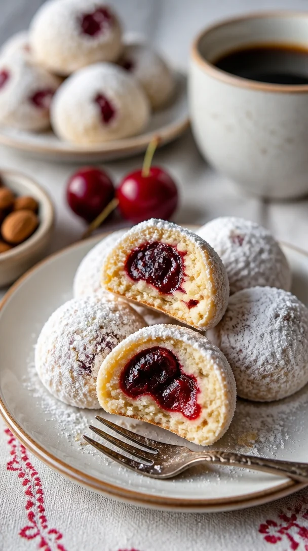 Leckere Kirsch-Schneeball-Kekse mit frischen Kirschen und glutenfreien Zutaten.