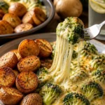 Knusprige Kartoffeln mit Käse und Brokkoli auf einem Teller serviert