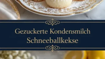 Köstliche Schneeballkekse mit gesüßter Kondensmilch auf einem Teller