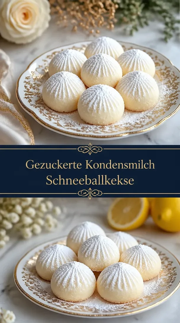Köstliche Schneeballkekse mit gesüßter Kondensmilch auf einem Teller