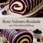 Lila Samt-Kuchenrolle mit Frischkäsefüllung auf einem eleganten Teller