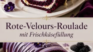 Lila Samt-Kuchenrolle mit Frischkäsefüllung auf einem eleganten Teller
