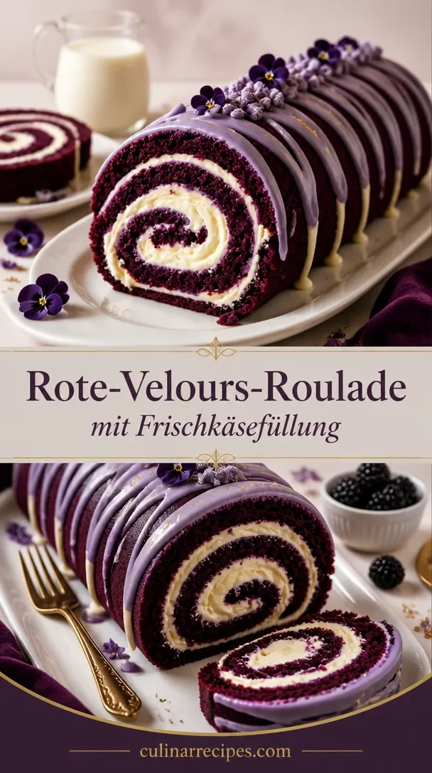Lila Samt-Kuchenrolle mit Frischkäsefüllung auf einem eleganten Teller