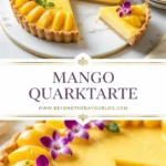 Ein köstliches Stück Mango-Curd-Tarte auf einem dekorativen Teller.