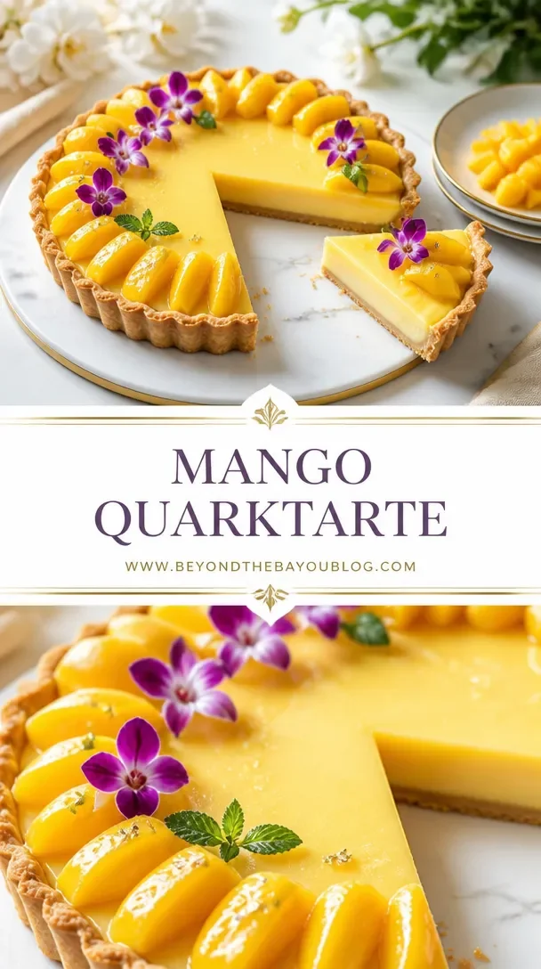 Ein köstliches Stück Mango-Curd-Tarte auf einem dekorativen Teller.