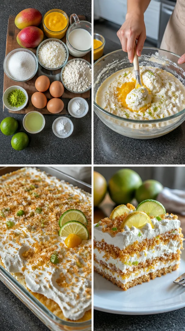Saftiger Mango-Kokos-Limetten-Kuchen mit tropischen Aromen und dekorativem Topping
