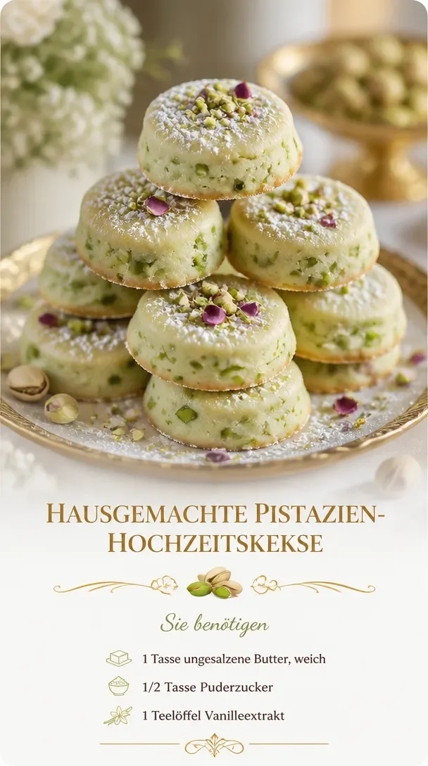 Selbstgemachte Pistazienhochzeitskekse von Mary Bery auf einer festlichen Tafel