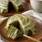 Matcha Pancakes mit Zimtrollen auf einem Teller, dekoriert mit frischen Früchten.