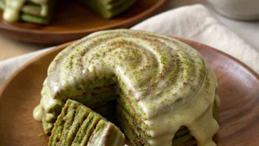 Matcha Pancakes mit Zimtrollen auf einem Teller, dekoriert mit frischen Früchten.