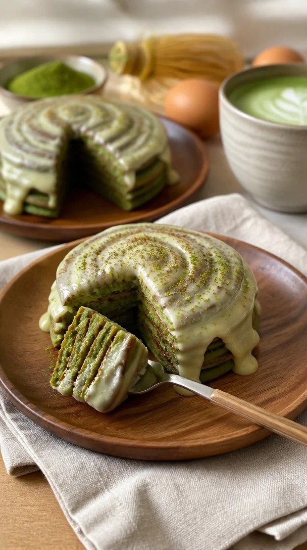 Matcha Pancakes mit Zimtrollen auf einem Teller, dekoriert mit frischen Früchten.