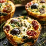 Mediterrane Eier-Muffins mit getrockneten Tomaten und Kalamata-Oliven auf einem Teller