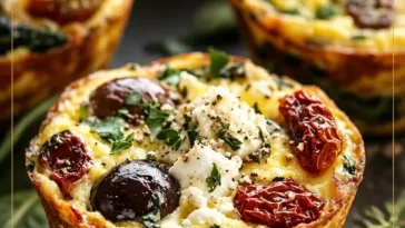 Mediterrane Eier-Muffins mit getrockneten Tomaten und Kalamata-Oliven auf einem Teller