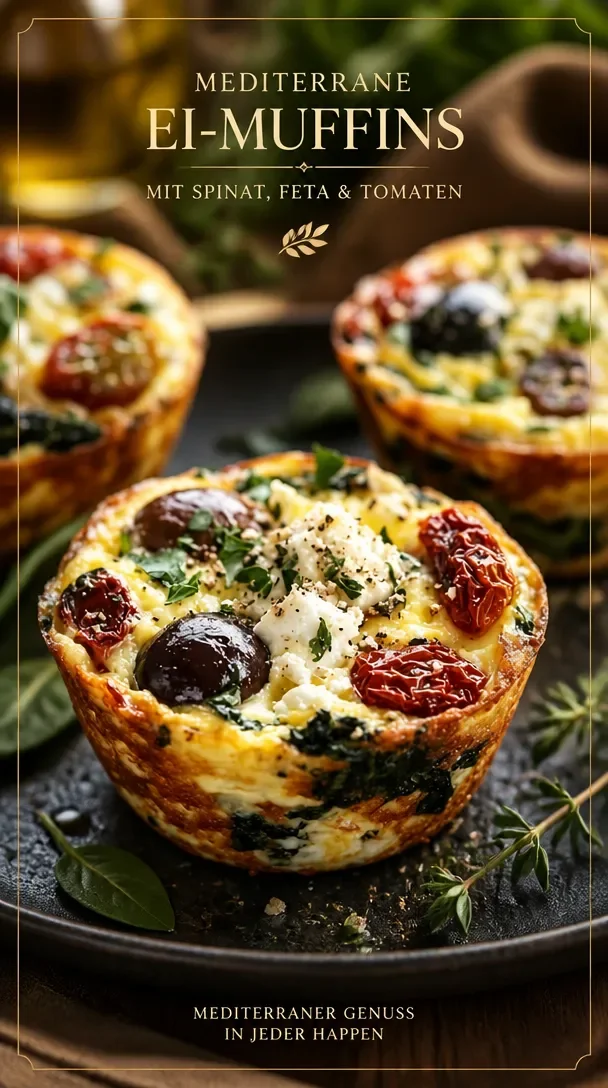 Mediterrane Eier-Muffins mit getrockneten Tomaten und Kalamata-Oliven auf einem Teller