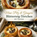 Mini-Pilz-Pasteten mit Gruyère und Thymian auf einem Teller serviert