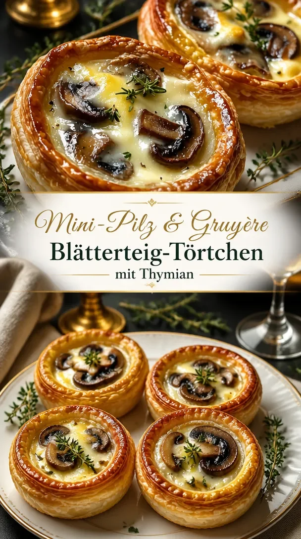 Mini-Pilz-Pasteten mit Gruyère und Thymian auf einem Teller serviert