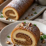 Nougat-Lebkuchenrollen-Kekse auf einem Teller mit Weihnachtsdeko