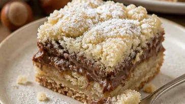 Nuss-Nougat-Shortbread-Riegel auf einem Teller