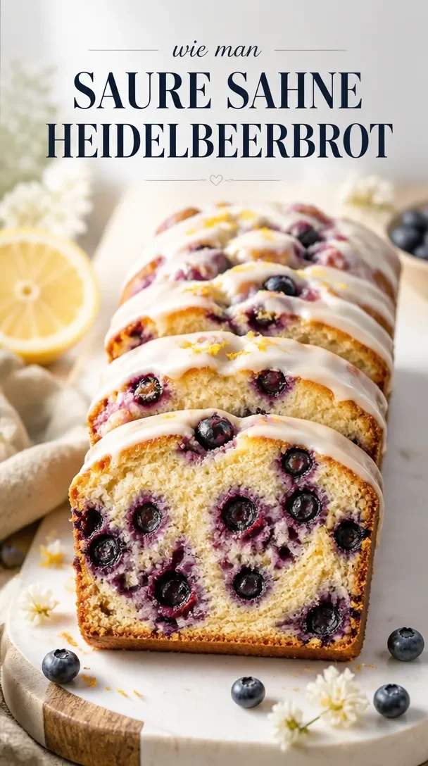 Sauerrahm-Blaubeerbrot mit Zitronenglasur auf einem weißen Teller