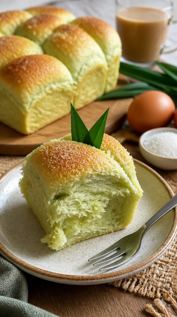 Scheibe frisches Pandanbrot mit grünem Pandan Geschmack auf einer Holzplatte