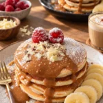 Leckere Pfannkuchen auf einem Teller mit frischen Früchten und Sirup