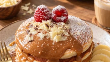 Leckere Pfannkuchen auf einem Teller mit frischen Früchten und Sirup